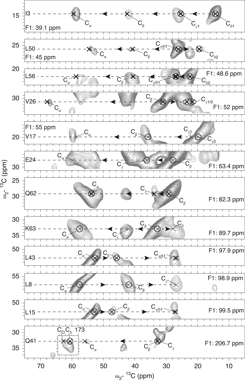 Fig. 9: 3D 2Q-1Q-1Q correlated spectra of ubiquitin in deuterated Lemo21 cells.