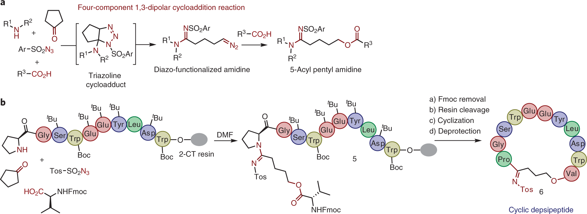Fig. 3: On-resin N-terminal derivatization of a peptide by a multicomponent 1,3-dipolar cycloaddition reaction.