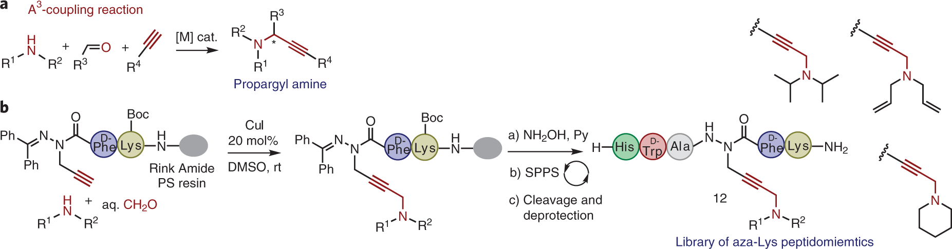 Fig. 5: On-resin assembly of aza-Lys mimics by A3-coupling reaction.