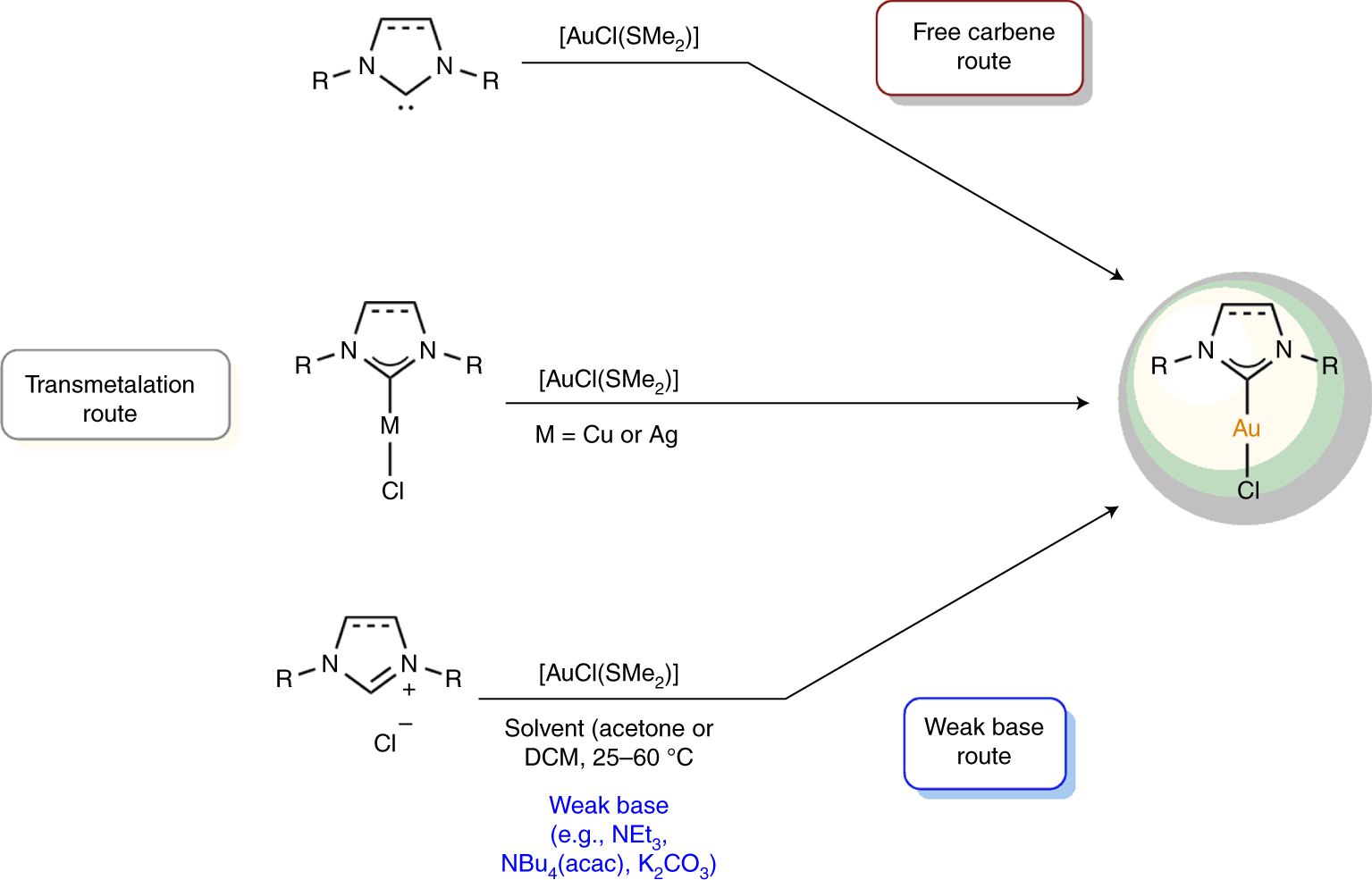Fig. 1: Synthetic routes toward [AuCl(NHC)] complexes.