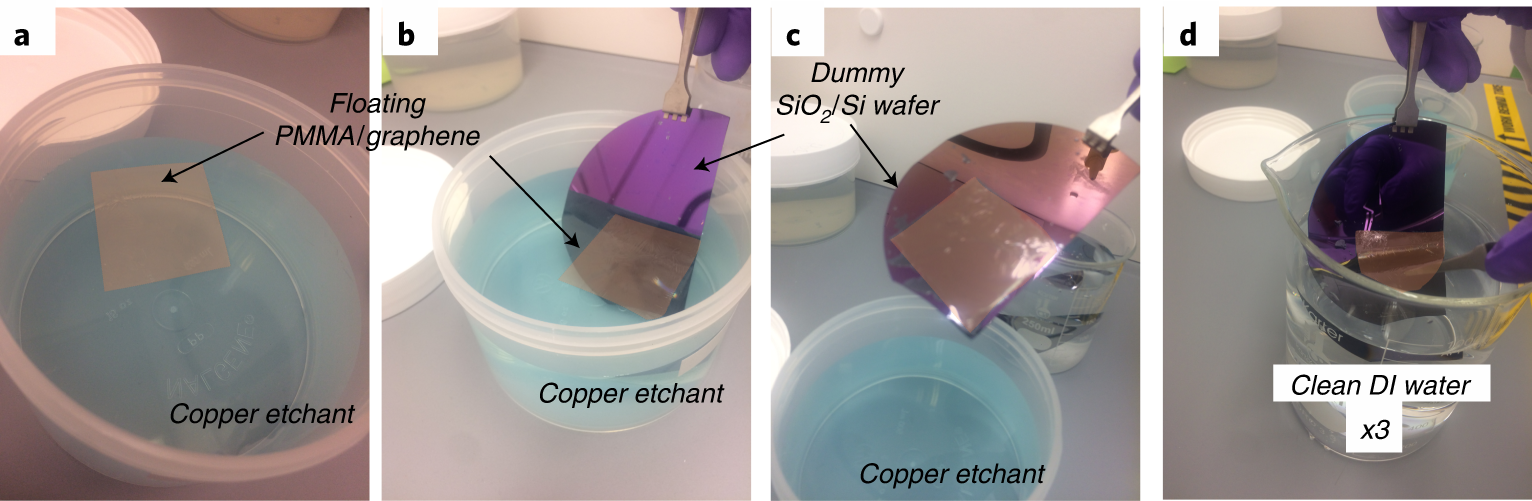 Fig. 7: Transfer of PMMA/graphene flake from the copper etchant (light blue) into clean DI water (Steps 13–15).