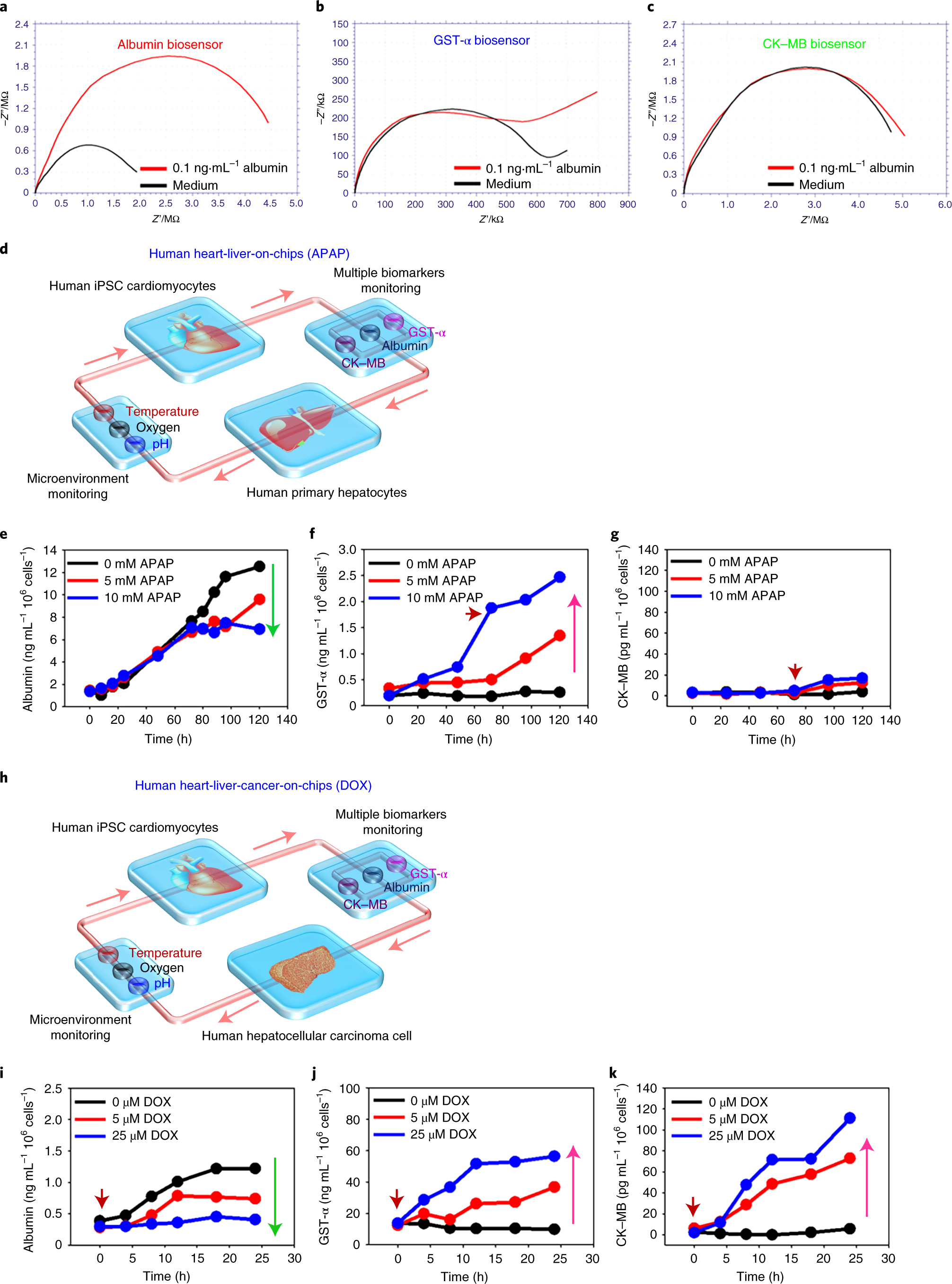 Fig. 5: Examples of EC affinity-based biosensor detection capabilities in multi-organ-on-a-chip configurations.