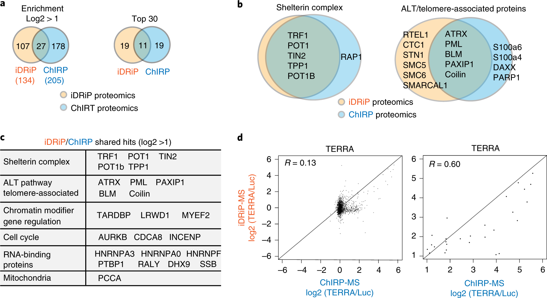 Fig. 2: Characterization of the TERRA proteome as obtained by iDRiP versus ChIRP.