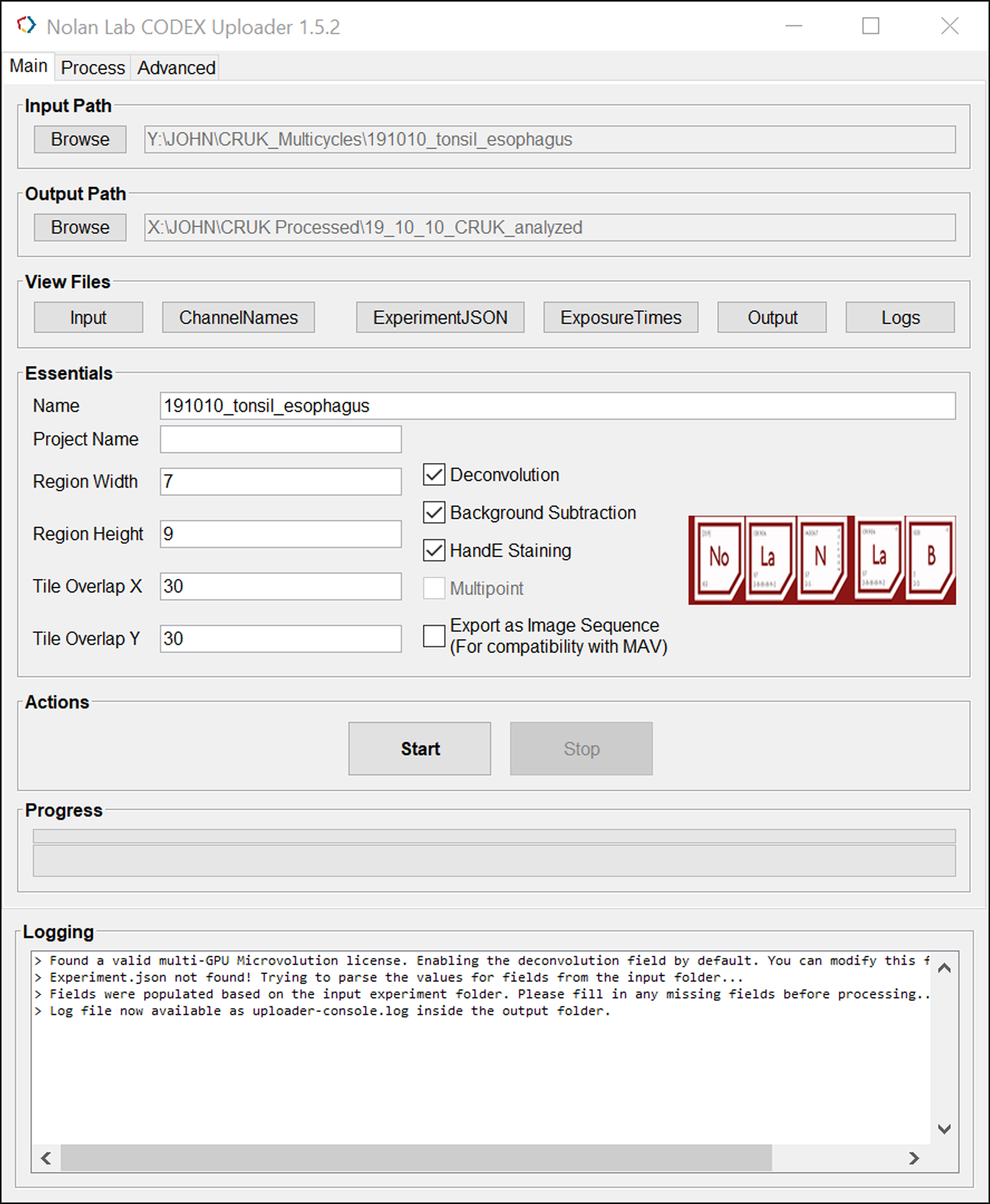 Fig. 7: Parameters for processing raw microscope images by using the CODEX Uploader.