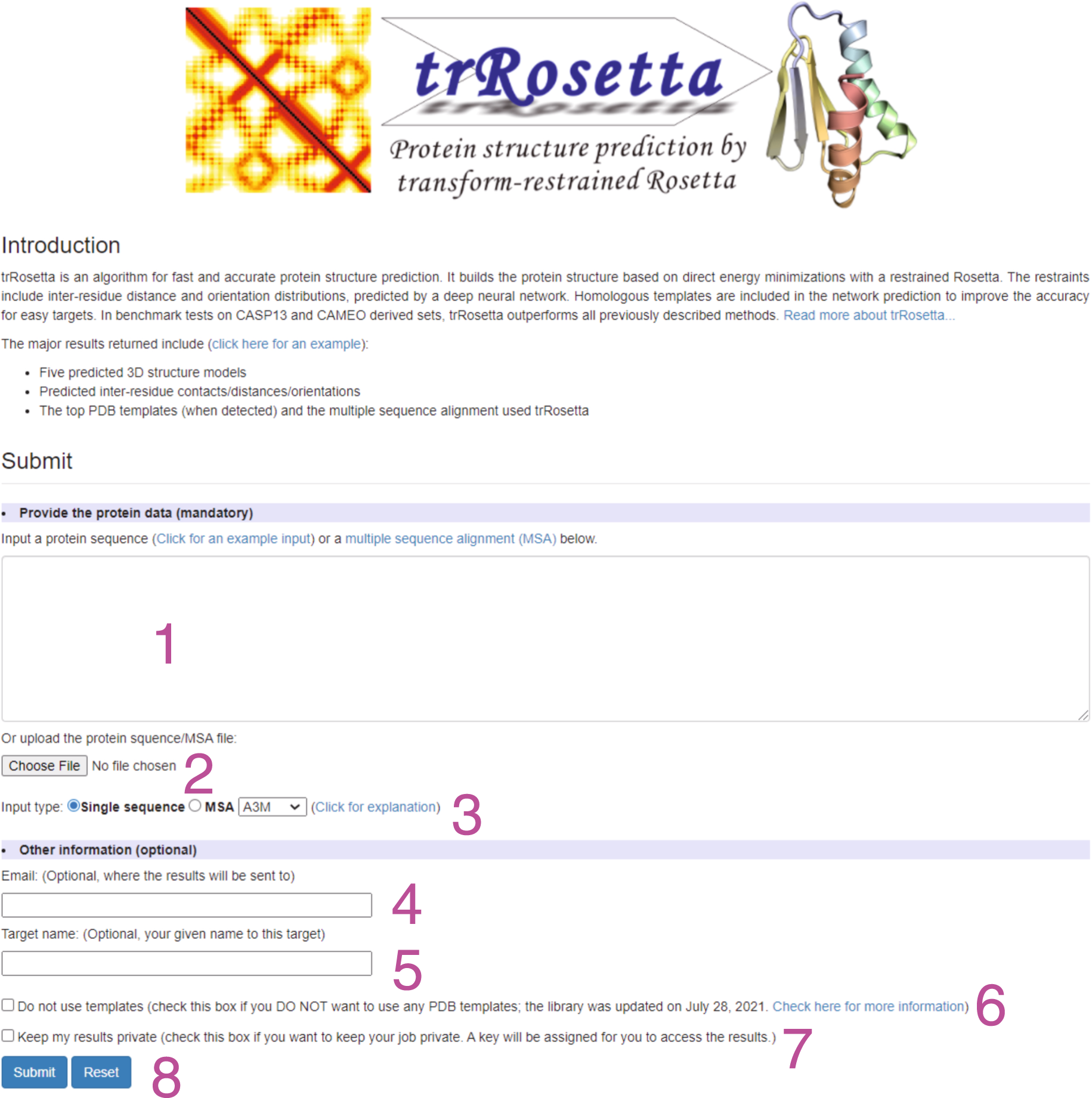 Fig. 5: The trRosetta homepage for job submission.
