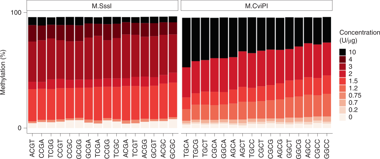 Fig. 3: Methylation efficiency of M.SssI and M.CvIPI is not affected by the sequence context when saturating conditions are used.