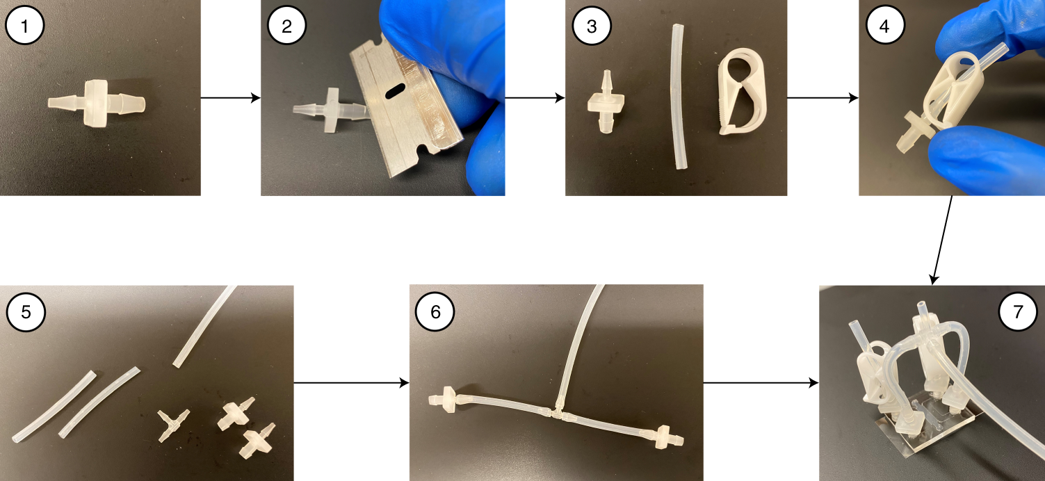 Fig. 7: Fabrication of flow stoppers and pressure line to prepare the BBB MVN device for pressurization (Steps 38–43 in the protocol).