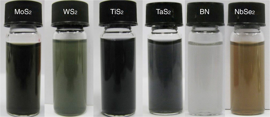 Fig. 4: The opaque suspension of the exfoliated MoS2, WS2, TiS2, TaS2, BN and NbSe2 nanosheets.