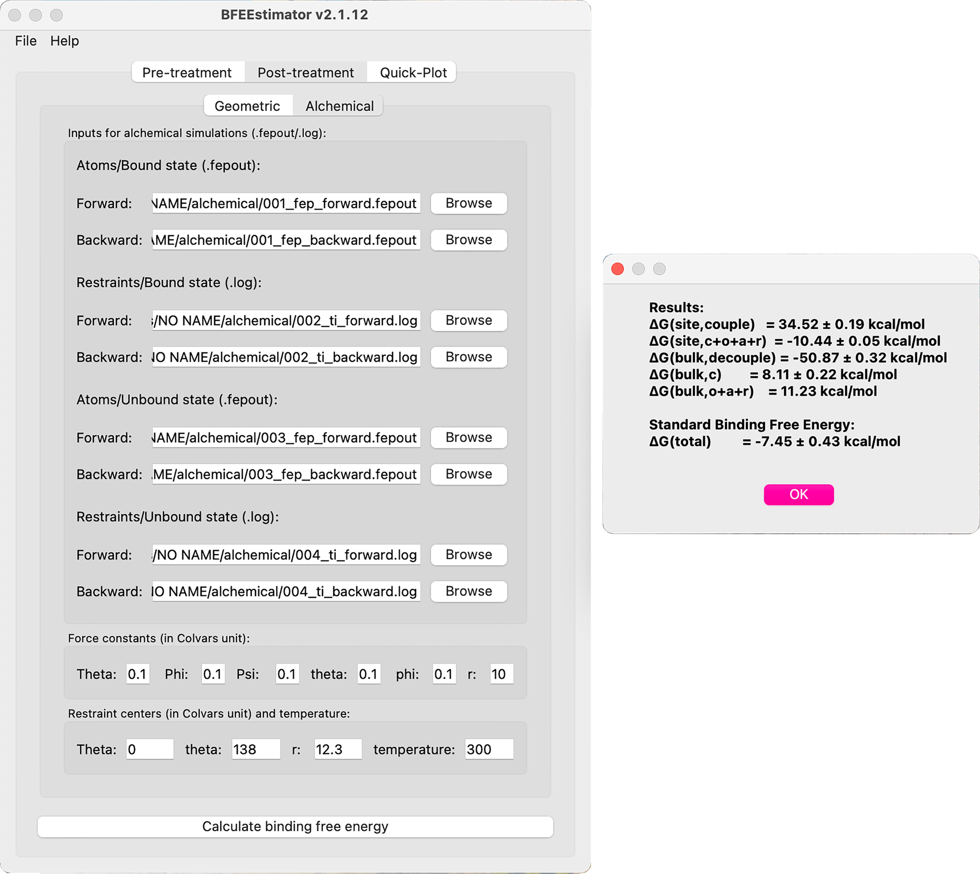 Fig. 7: Settings for post-treatment of the Abl-SH3:p41 example for the alchemical route.