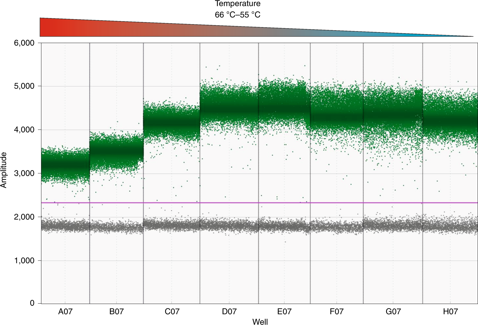 Fig. 4: Analysis of a simplex thermal gradient PCR using the QuantaSoft Analysis Pro Software.