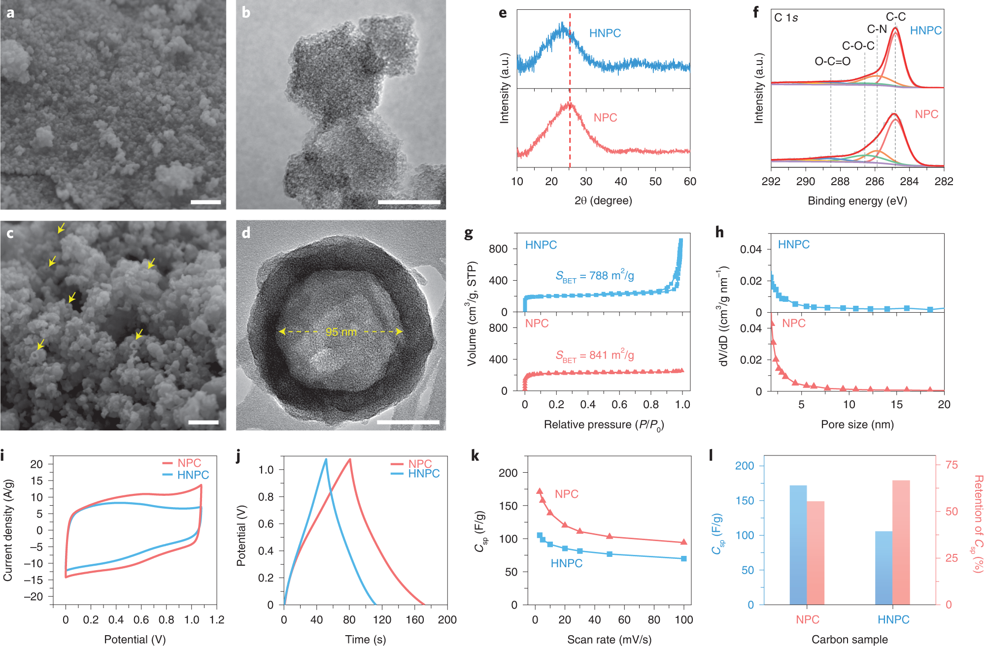 Fig. 8: Physical and electrochemical characterizations of NPC and HNPC.