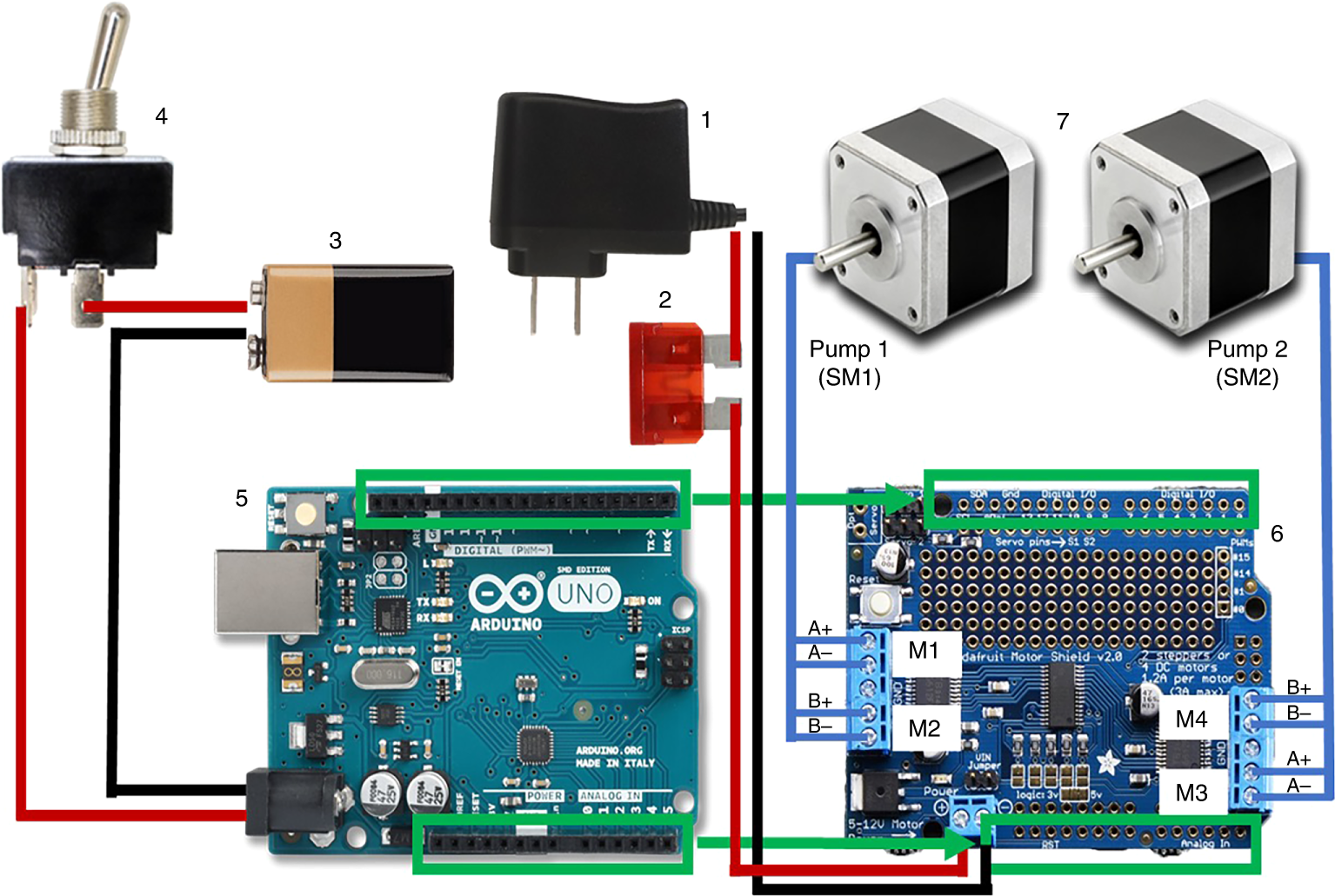 Fig. 2: Detailed electrical schematic of dual-pump small-animal blood exchange device.