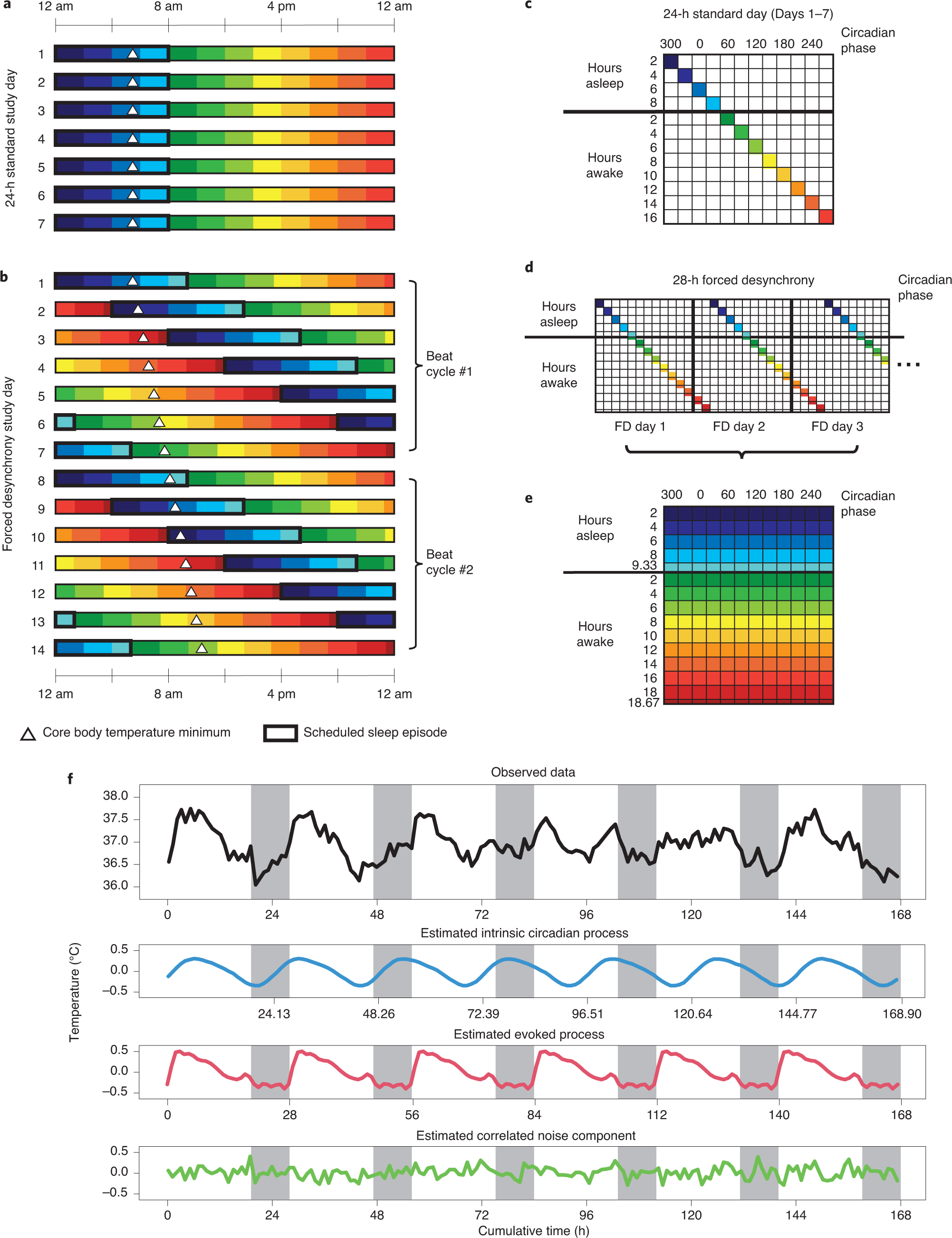Fig. 1: Example schedules and body temperature rhythms for different experimental protocols.