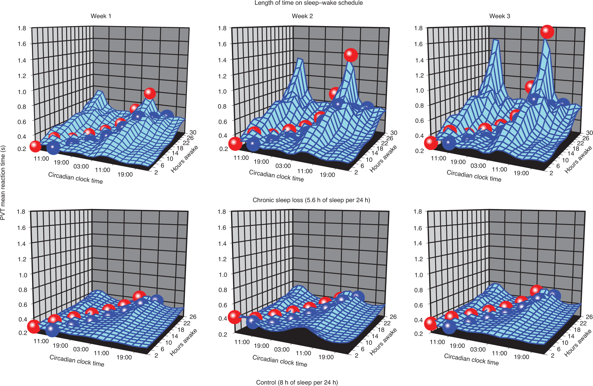Fig. 3: Circadian and homeostatic regulation of performance during a 42.85-h FD protocol.