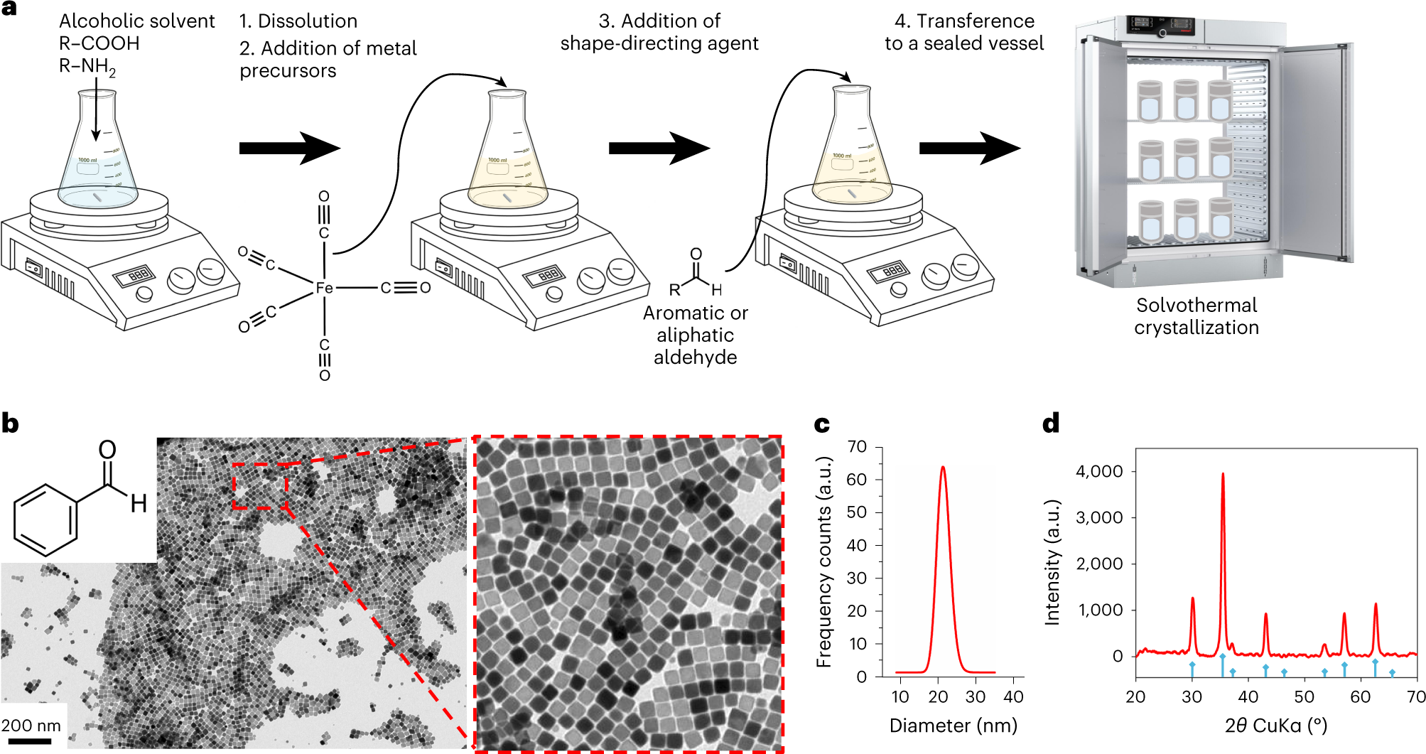Fig. 2: Anticipated results of our gram-scale solvothermal protocol for the preparation of ferrite NPs.