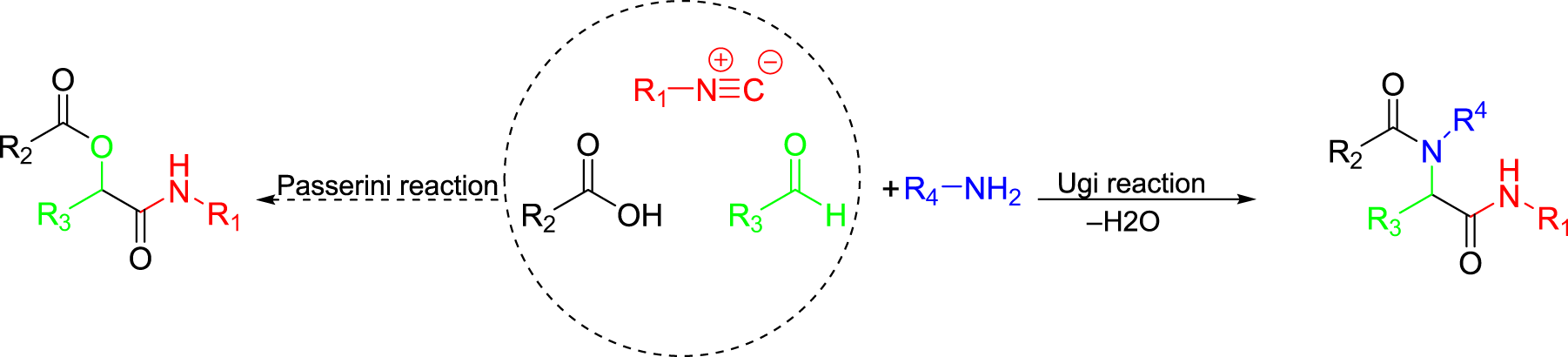 Fig. 1: Two examples of isocyanide-based multi-component reactions.