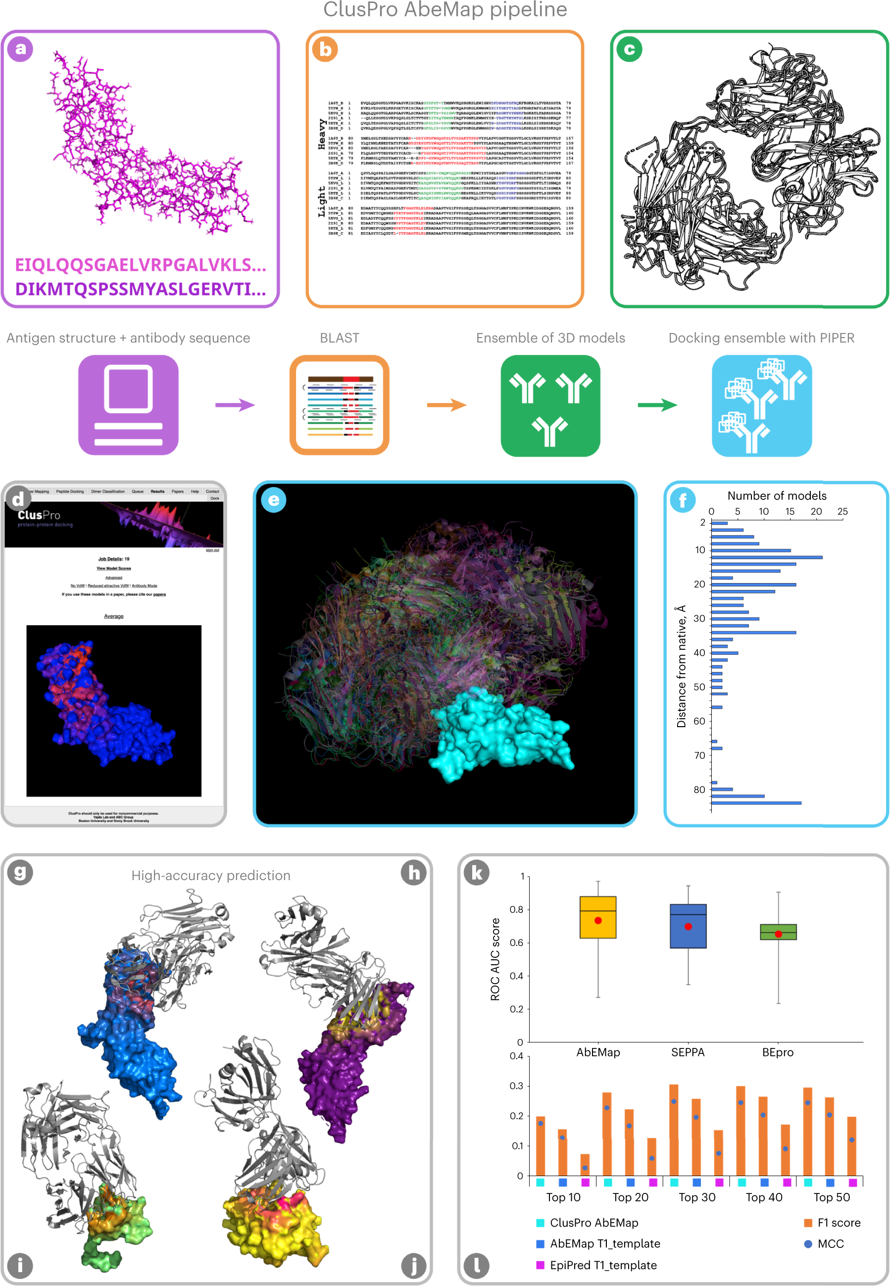 Fig. 1: Outline of the AbEMap protocol using an antigen structure and an antibody sequence as inputs, examples of complex structures generated by PIPER, four examples of results and comparisons to other servers.