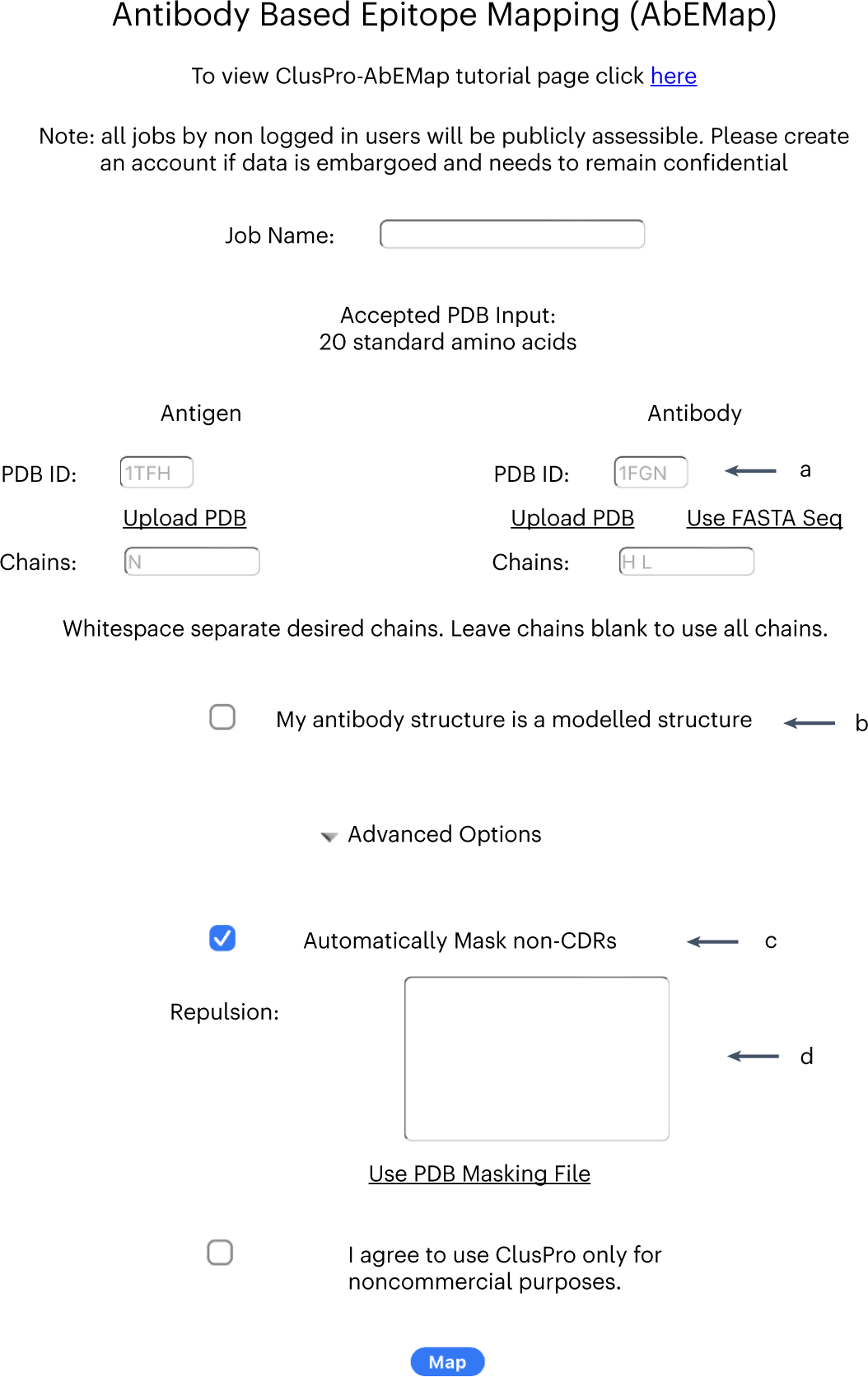 Fig. 6: AbeMap job submit page after selecting the ‘Use PDB’ option for the antibody.