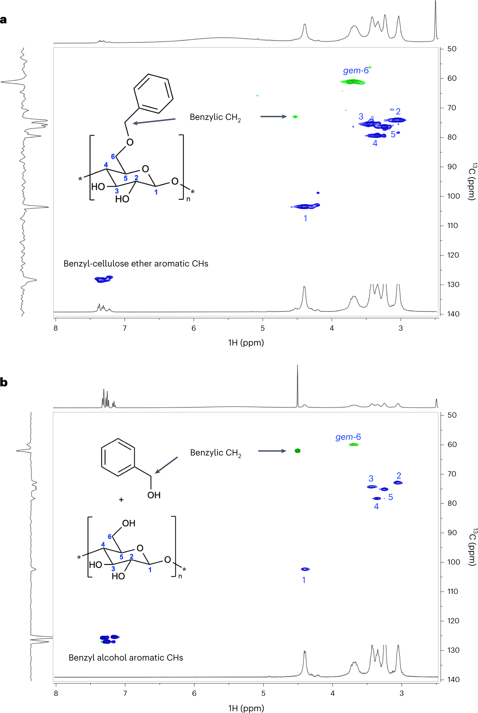 Fig. 12: Application of the initial NMR experiments to distinguish between covalent modifications and impurities in cellulose chemistry.