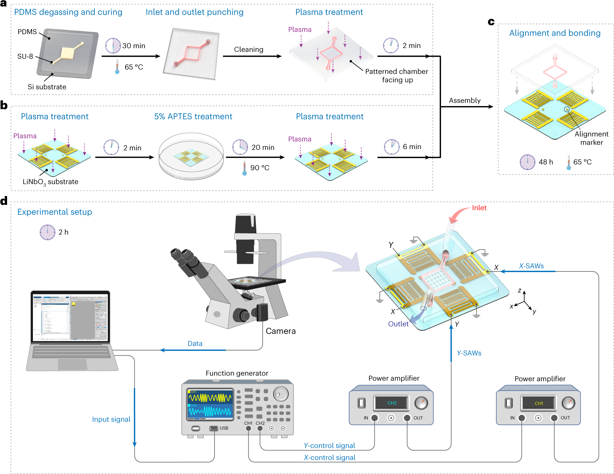 Fig. 2: Device fabrication and experimental setup of the acoustic tweezers.