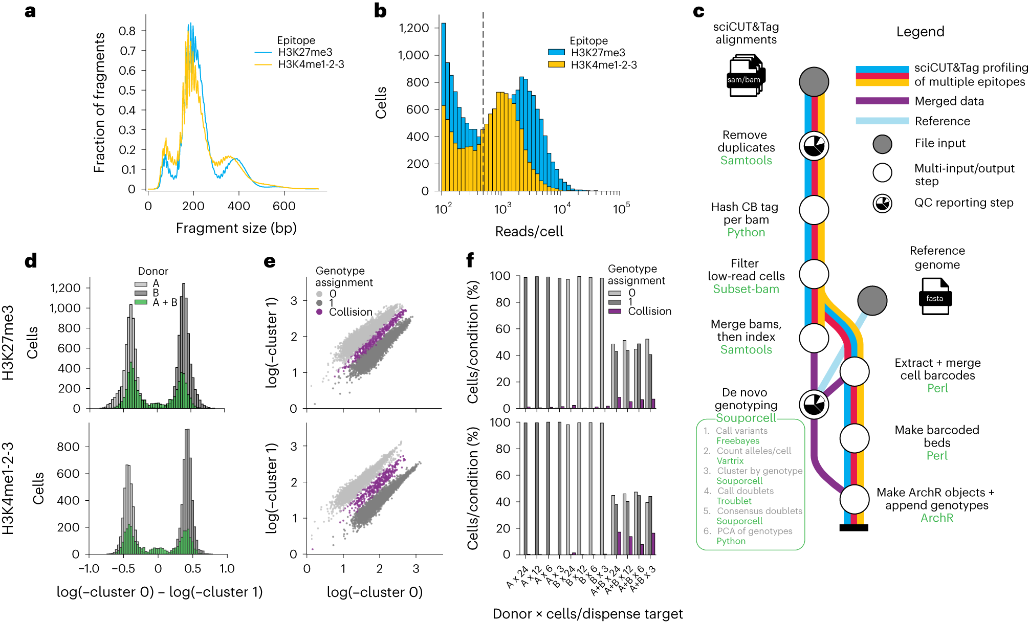 Fig. 2: Validation of a de novo genotyping strategy for SNP-based collision removal in sciCUT&Tag of mixed-donor PBMCs.
