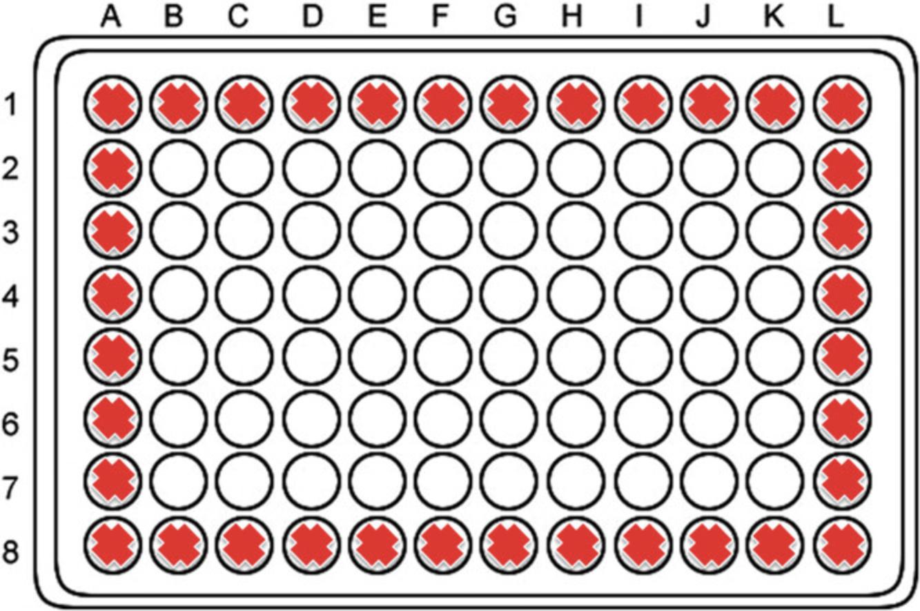 Details are in the caption following the image Spheroid culture plate layout. Red crosses indicate the wells that are not used for spheroid culture. All other wells are used to seed PRH for spheroid generation.