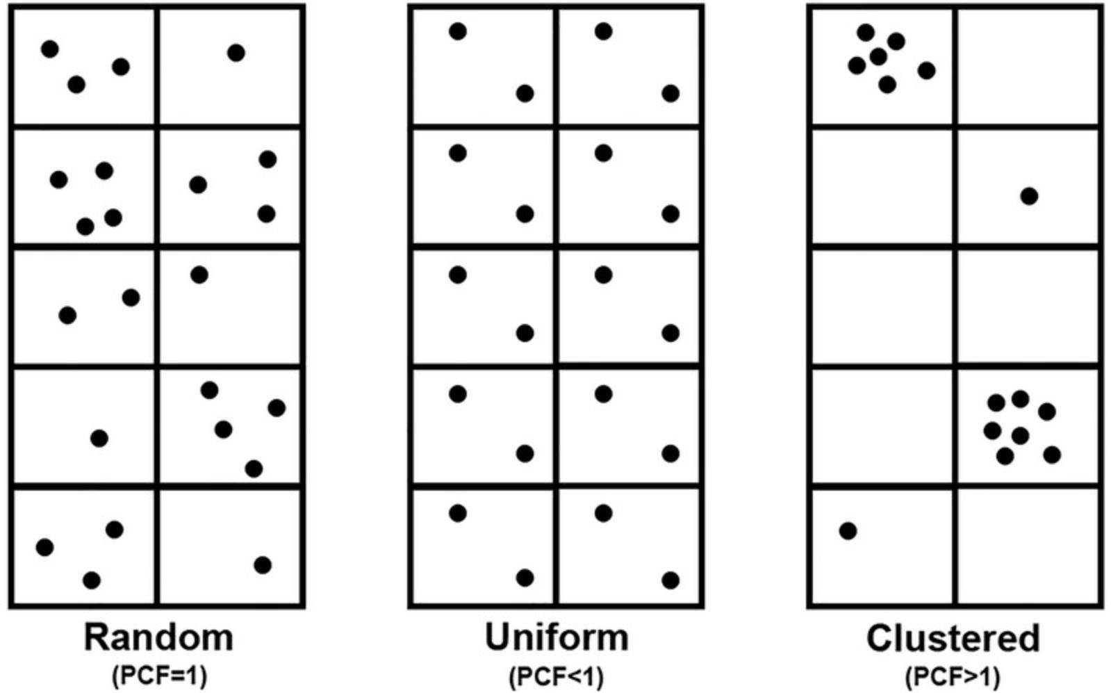 Details are in the caption following the image Schematic diagrams showing the basic types of point distributions and their relationship with their pair correlation functions.