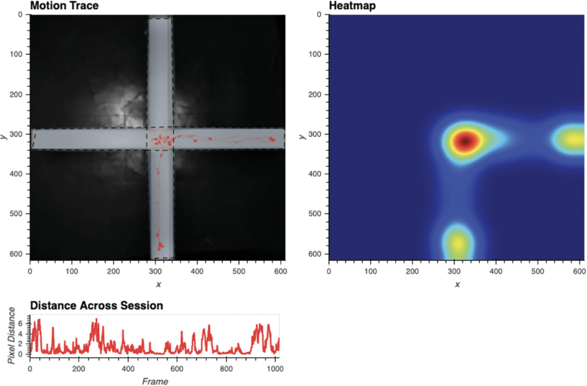 Details are in the caption following the image Example output from Cell 8d in the Location Tracking Module. After tracking, the animal's position across the session is marked atop the reference frame (top left), a heatmap of the animal's position is created (top right), and the distance the animal moves across the session is also plotted (bottom left).