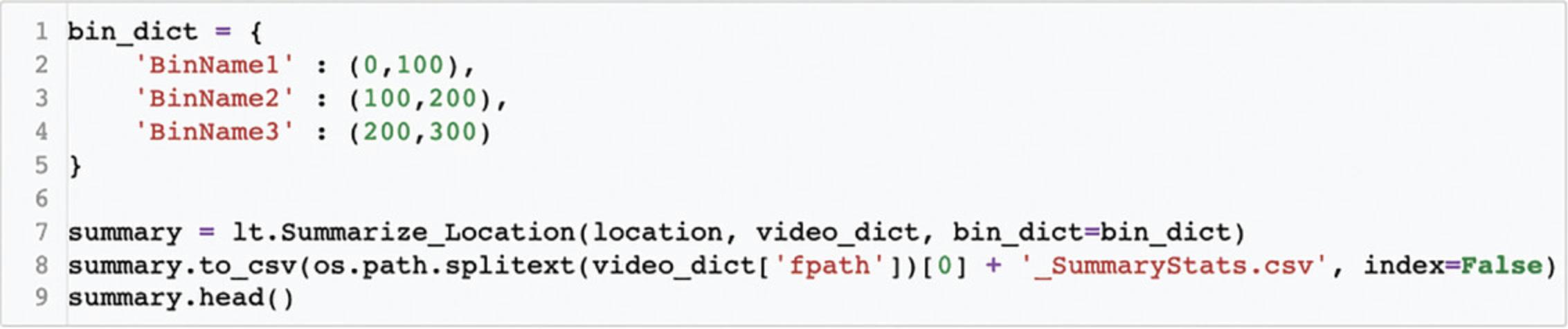 Details are in the caption following the image Example of how to define bins for extracting summary information in ezTrack's Location Tracking Module.