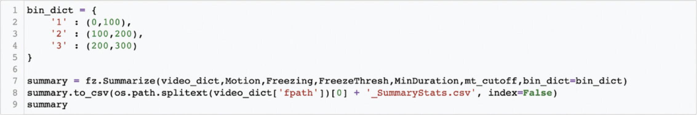 Details are in the caption following the image Example of how to define bins for extracting summary information in ezTrack's Freeze Analysis Module.