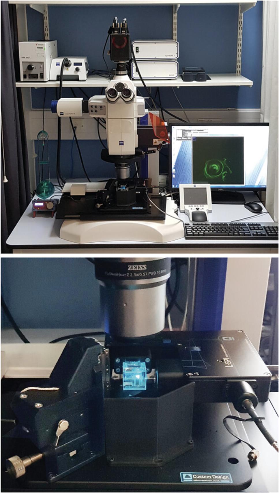 Details are in the caption following the image Zeiss macroscope v16 with lightsheet. The sample is held within a Hellma glass cuvette, with the Gaussian lightsheets entering from the right and from behind the sample. On the left are the controls for laterally moving the cuvette. To the right is the laser combiner unit. Zeiss macroscope v16 with lightsheet – own figure.