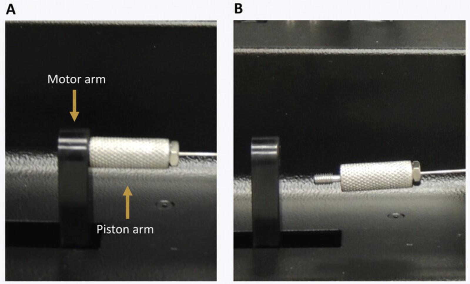 Details are in the caption following the image Connection of the FX module to the motor arm via the piston arm (A) and disengaged motor lock (B).