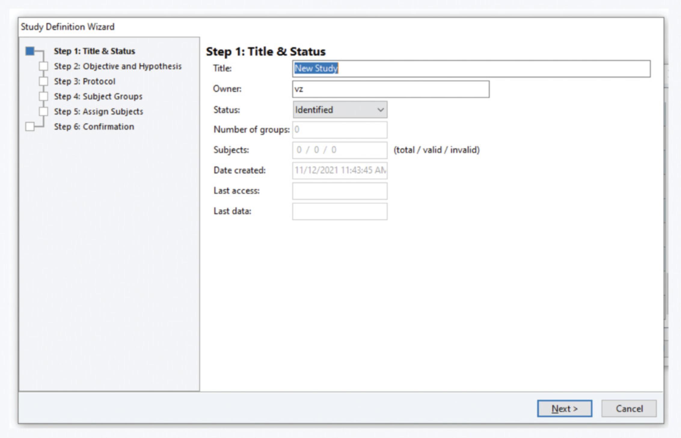 Details are in the caption following the image Steps of the Study Definition Wizard.