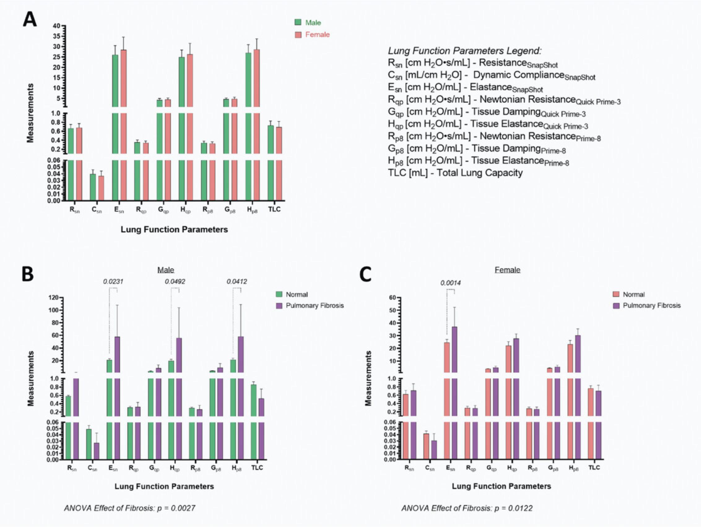 Details are in the caption following the image Lung function measurements of male and female, wild-type, C57Bl6/N mice (A), n=10; normal and pulmonary fibrotic male (B) and female (C) mice, n = 4–5.
