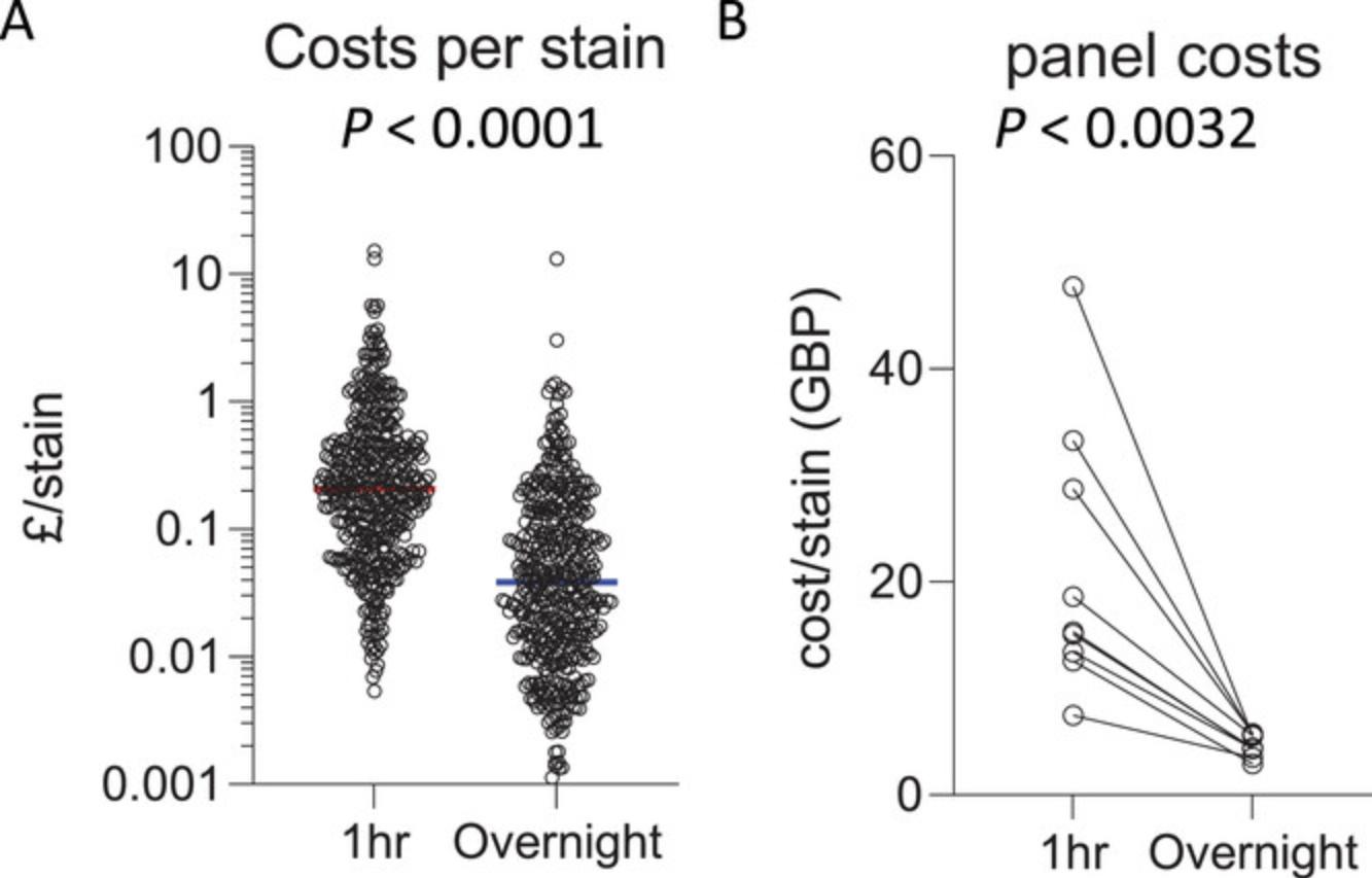 Details are in the caption following the image Overnight incubation increases cost-effectiveness. (A) Cost (GBP) per antibody per stain for optimal titration for 1-hr incubation (median cost £0.21) versus overnight incubation time (median cost £0.04). n = 439, Wilcoxon matched-pairs signed-rank test. (B) High-parameter (23-50 color) panel costs with 1 hr versus overnight incubation. Paired t-test.
