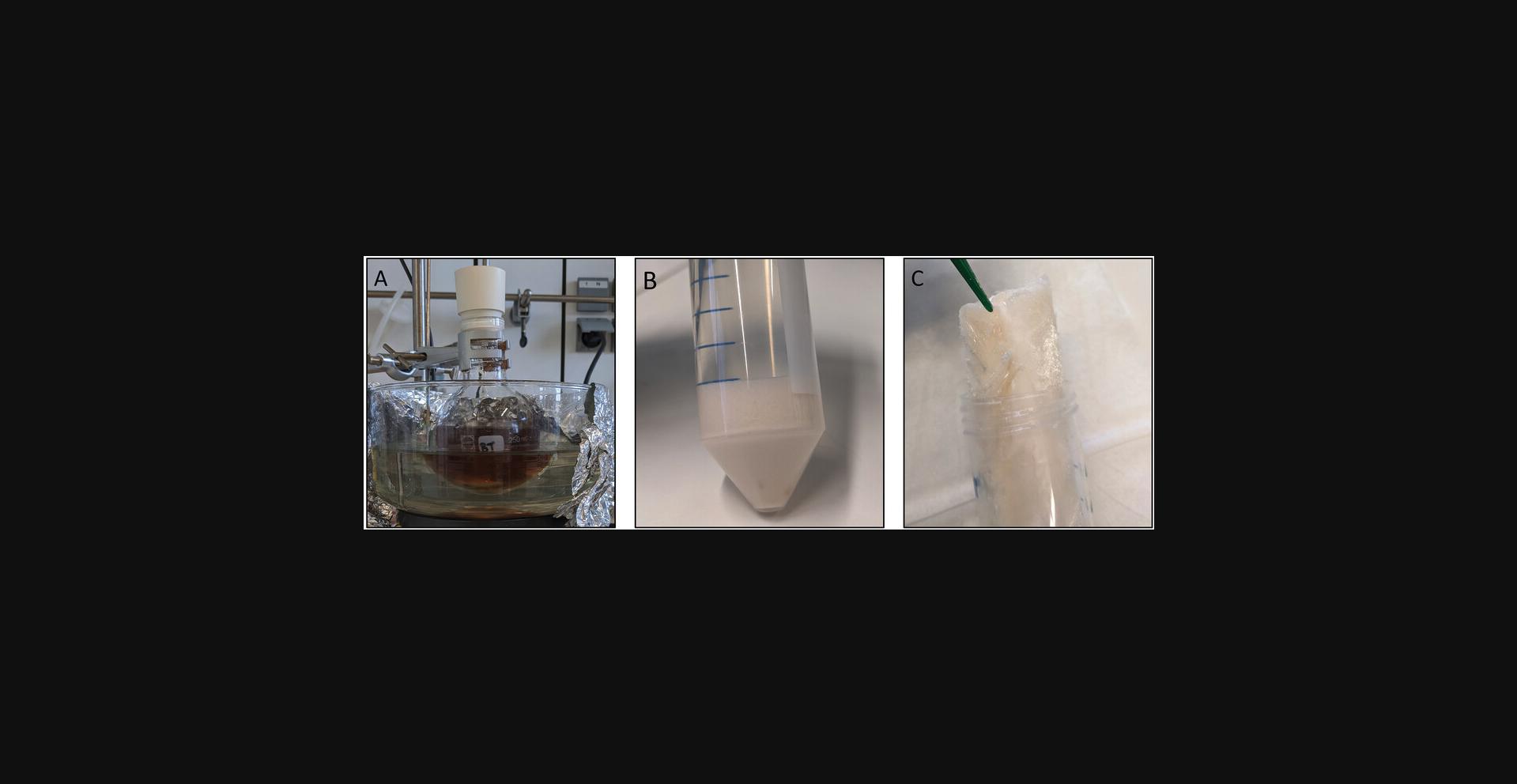 Details are in the caption following the image Synthesis of methacrylated dextran. (A) DexMA synthesis setup. (B) Polymer retrieval through centrifugation after precipitation in IPA. (C) Lyophilized DexMA.