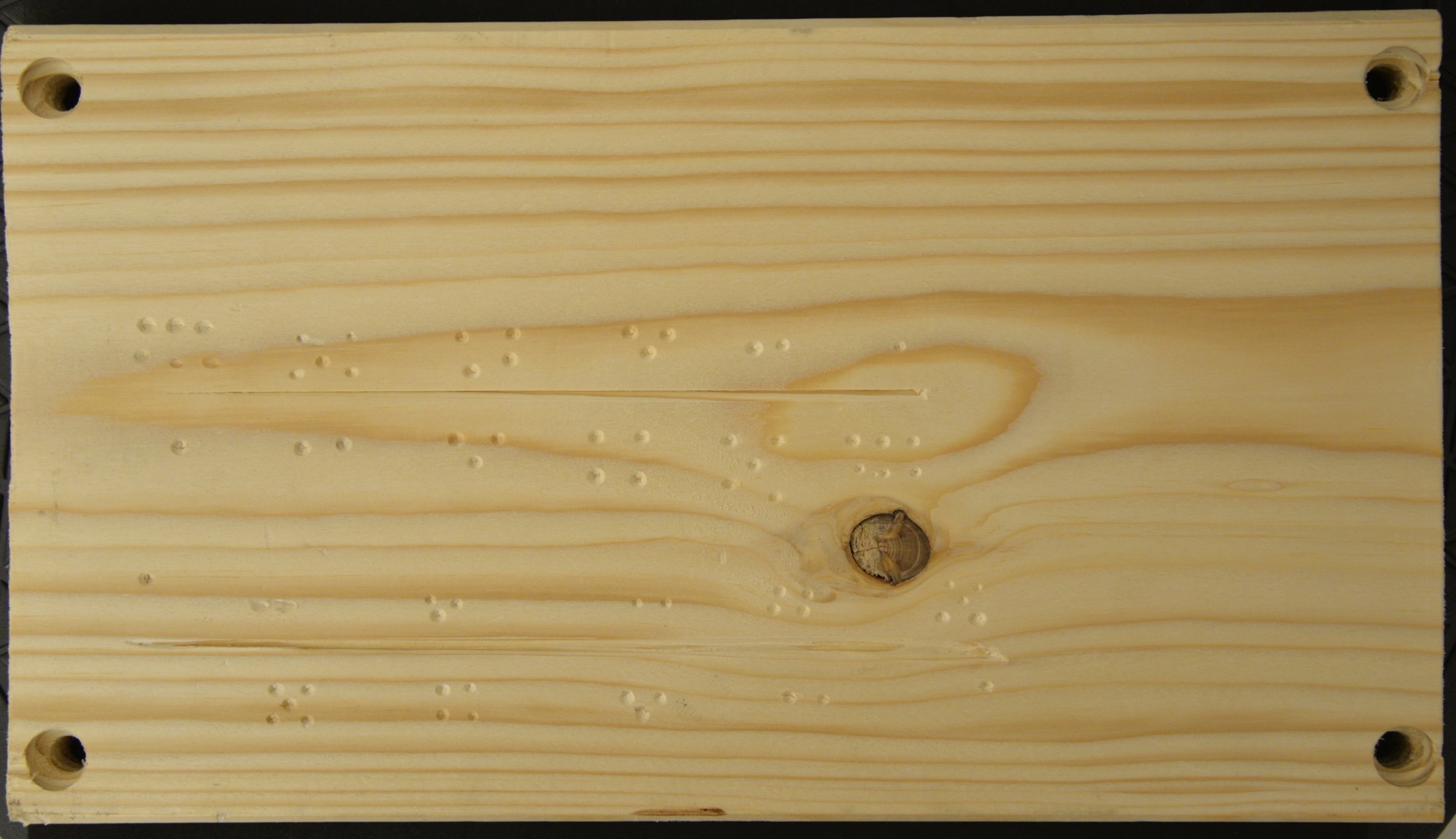 Wood slab (OFA-WP1) with experimentally produced grooves and center hole punch markings. The upper groove corresponds to standard-cut flake tool sample FLT8-13 and the lower groove corresponds to knapped tool sample FLT13-12. Wood slab (OFA-WP1) with experimentally produced grooves and center hole punch markings. The upper groove corresponds to standard-cut flake tool sample FLT8-13 and the lower groove corresponds to knapped tool sample FLT13-12.