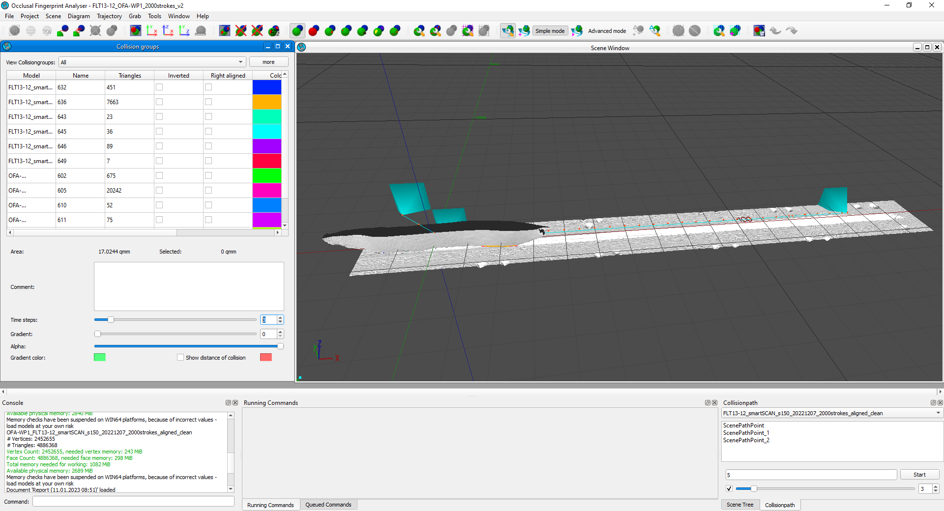 Trajectory simulation in OFA of tool sample FLT13-12 on wood plate OFA-WP1. Collision groups are seen in the table on the left side. Trajectory simulation in OFA of tool sample FLT13-12 on wood plate OFA-WP1. Collision groups are seen in the table on the left side.