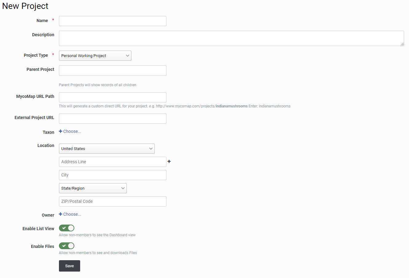 The new project creation screen on MycoMap. The new project creation screen on MycoMap.