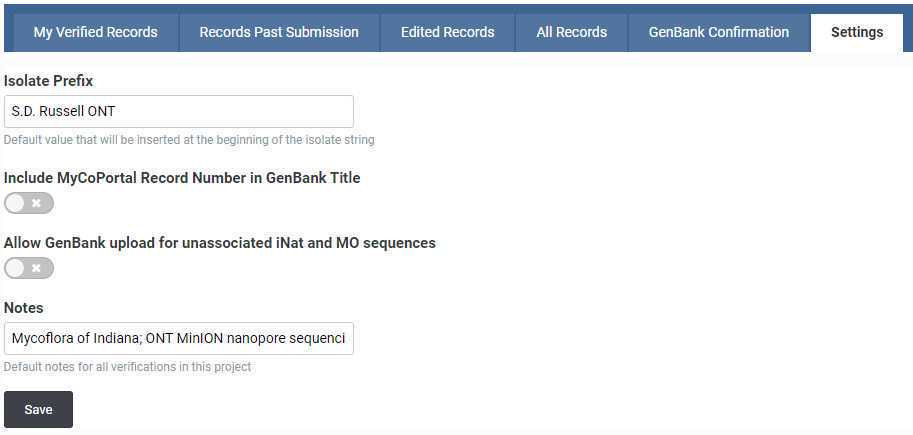 The GenBank upload default settings menu on a MycoMap dashboard. The GenBank upload default settings menu on a MycoMap dashboard.