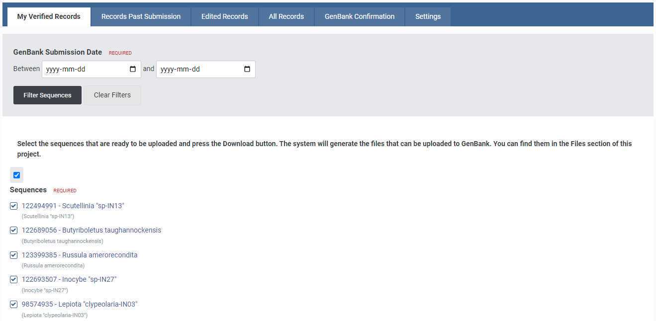 The GenBank Verified Records screen within a project on the MycoMap dashboard. The GenBank Verified Records screen within a project on the MycoMap dashboard.