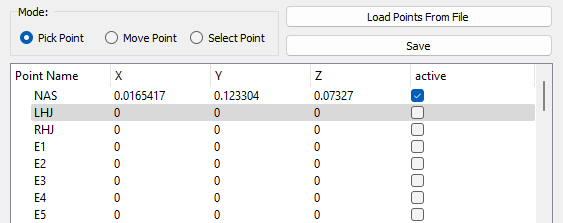 After right-clicking the model, XYZ coordinate points should appear next to the Point Name, and the checkbox in the active column will be selected. The next row will automatically be highlight. After right-clicking the model, XYZ coordinate points should appear next to the Point Name, and the checkbox in the active column will be selected. The next row will automatically be highlight.