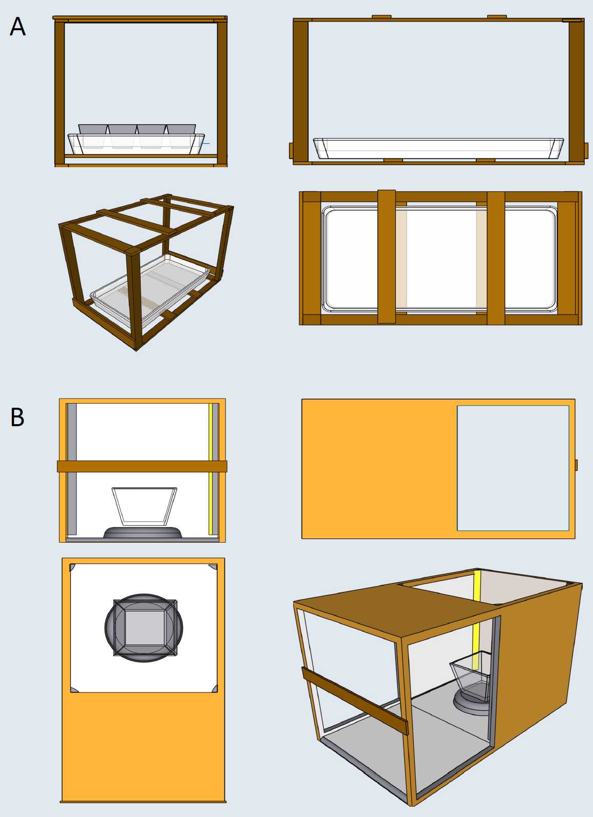 Figure 1 Illustrative demonstration of phenotyping hardwareA: The phenoRig for top-view images. The facility was made of wood bars with several pieces anchored by screws. In addition, a plant growth tray is recommended to be fixed at the bottom of the facility to prevent the movement of plants during the experiment.B: The phenoCage for side-view images. The system was made of wood bars with several pieces anchored by screws and glues. Four additional LED light bars are recommended to be placed at the four corners to reduce shadows on plant images. Figure 1 Illustrative demonstration of phenotyping hardwareA: The phenoRig for top-view images. The facility was made of wood bars with several pieces anchored by screws. In addition, a plant growth tray is recommended to be fixed at the bottom of the facility to prevent the movement of plants during the experiment.B: The phenoCage for side-view images. The system was made of wood bars with several pieces anchored by screws and glues. Four additional LED light bars are recommended to be placed at the four corners to reduce shadows on plant images.