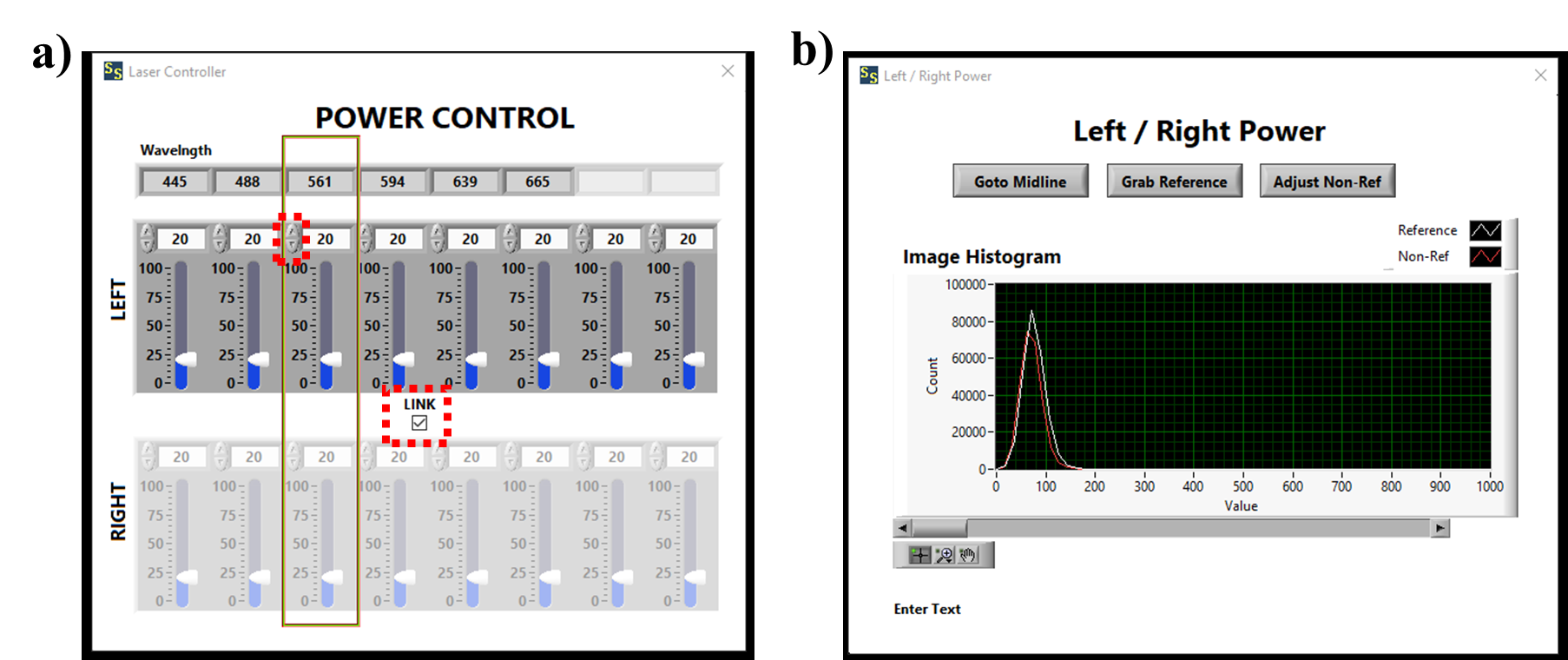 a) Software interface for adjusting laser power. Red boxes highlighting Up and Down laser power adjustments, and the button to toggle linking or unlinking the Left and Right laser powers when making these adjustments. b) Interface for adjusting the Left and Right laser powers by overlapping two histograms of intensity. a) Software interface for adjusting laser power. Red boxes highlighting Up and Down laser power adjustments, and the button to toggle linking or unlinking the Left and Right laser powers when making these adjustments. b) Interface for adjusting the Left and Right laser powers by overlapping two histograms of intensity.
