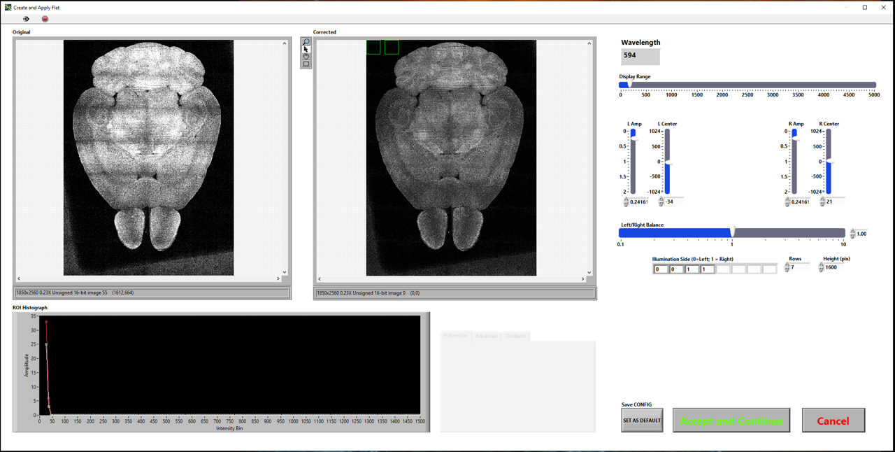 Software interface for Creating and Applying flats from a preview image, before beginning the full-brain acquisition. Software interface for Creating and Applying flats from a preview image, before beginning the full-brain acquisition.