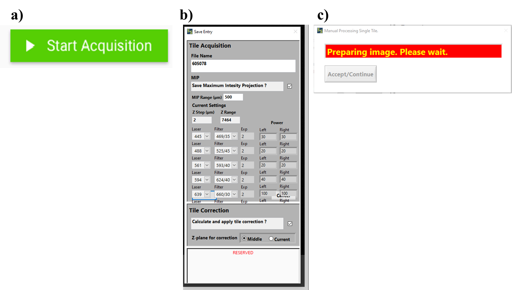 a-c) Software interface for single-brain acquisitions. a-c) Software interface for single-brain acquisitions.