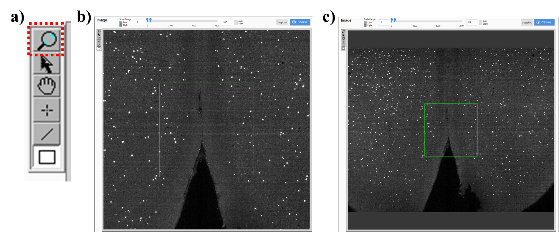 a) Use the magnifying lens icon in the Image panel to zoom-out, or right-click the Image panel FOV and select “Zoom to Fit” to zoom-out ((b)-to-(c)). This isn’t essential to do, but Step 3 leaves you zoomed-in, and you often want to zoom-out, especially if you’re going to repeat the L/R alignment. a) Use the magnifying lens icon in the Image panel to zoom-out, or right-click the Image panel FOV and select “Zoom to Fit” to zoom-out ((b)-to-(c)). This isn’t essential to do, but Step 3 leaves you zoomed-in, and you often want to zoom-out, especially if you’re going to repeat the L/R alignment.