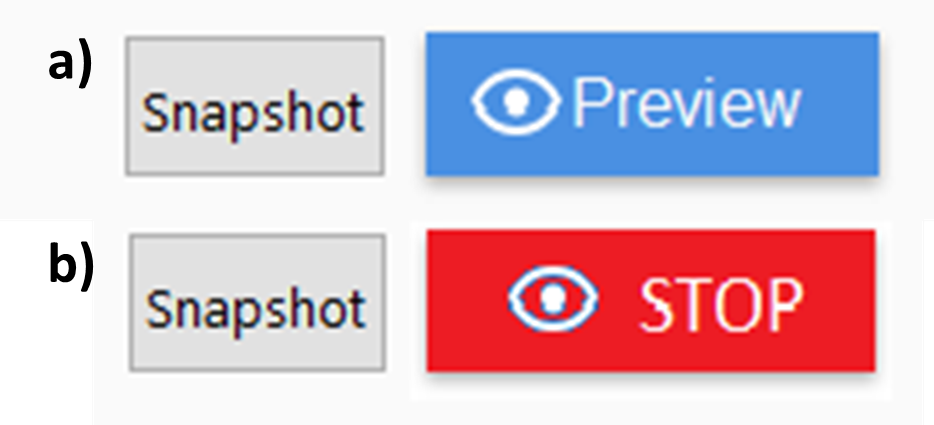 a) The blue PREVIEW button turns on the selected laser. Note that you must select the correct laser channel, illumination path (L or R) and laser power before turning on the instrument. b) When the laser is on, the Preview button is replaced by the red STOP button. a) The blue PREVIEW button turns on the selected laser. Note that you must select the correct laser channel, illumination path (L or R) and laser power before turning on the instrument. b) When the laser is on, the Preview button is replaced by the red STOP button.