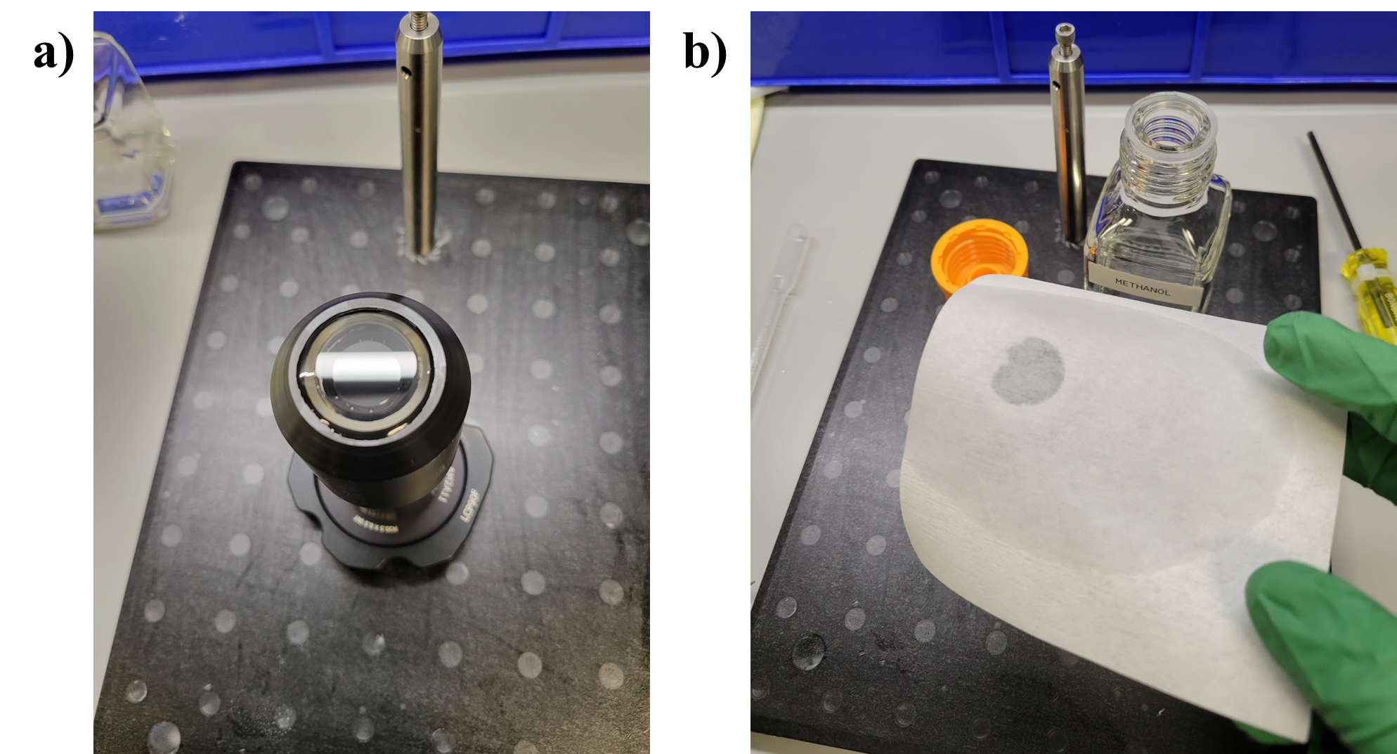 a) Carefully inspect the objective lens. If it is not dirty, then avoid unnecessarily touching it to clean it. b) Use an air-blower to remove dust or dry debris, if it's sufficient to clean the objective. Use reagent-grade methanol and lens wipes to gently clean the objective, by applying a few drops of mentanol and dragging the lens wipe horizontally. a) Carefully inspect the objective lens. If it is not dirty, then avoid unnecessarily touching it to clean it. b) Use an air-blower to remove dust or dry debris, if it's sufficient to clean the objective. Use reagent-grade methanol and lens wipes to gently clean the objective, by applying a few drops of mentanol and dragging the lens wipe horizontally.
