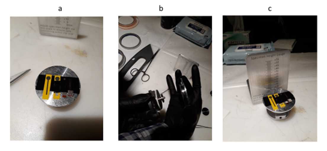 Figure 3. A) Samples in the holder. B) Put the bottom part of the sample le holder. C) Verify the height of the holder Figure 3. A) Samples in the holder. B) Put the bottom part of the sample le holder. C) Verify the height of the holder